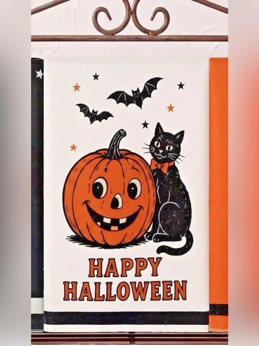 Happy Halloween Pumpkin & Black Cat Hand Towel- Orange/Black